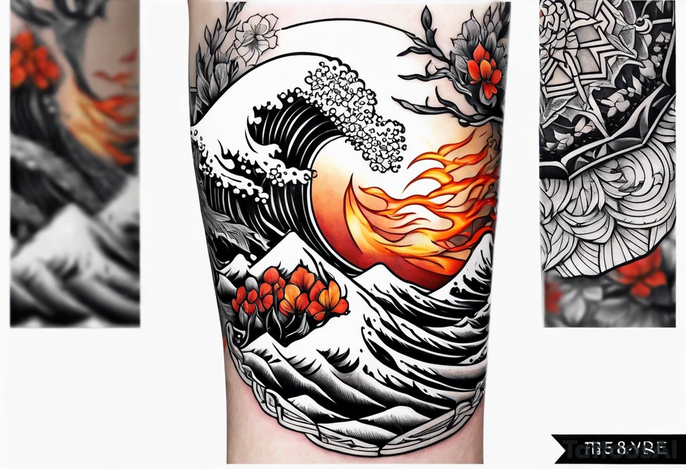 geometric arm sleeve tatoo, with fire and nature tattoo idea