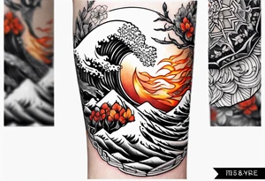 geometric arm sleeve tatoo, with fire and nature tattoo idea