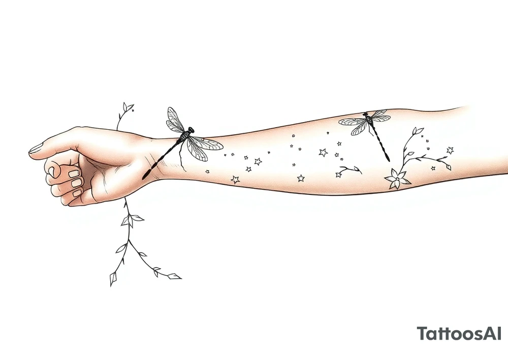 arm, background that contains, vines, dragonflies, stars, celestial moon tattoo idea
