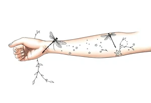 arm, background that contains, vines, dragonflies, stars, celestial moon tattoo idea