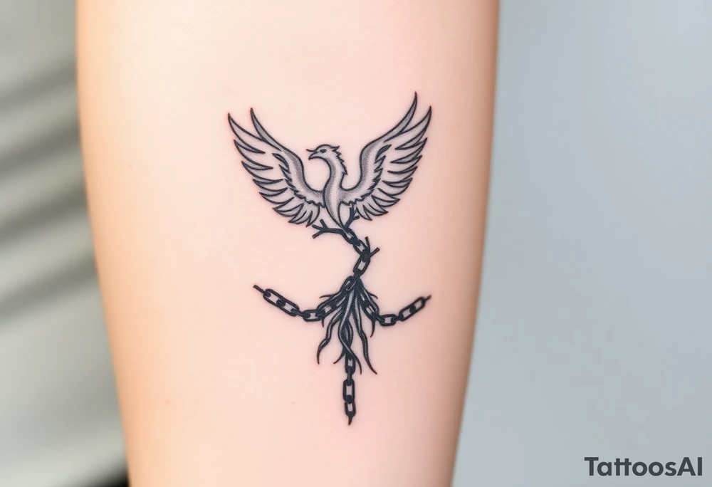 Create a minimalist tattoo design symbolizing personal rebirth. Phoenix or tree breaking through chains, representing freedom from addiction, self-forgiveness, and inner strength. Incorporate dates 21.02 and 22.02 subtly. Emphasize journey of healing, self-love, and dignity. tattoo idea