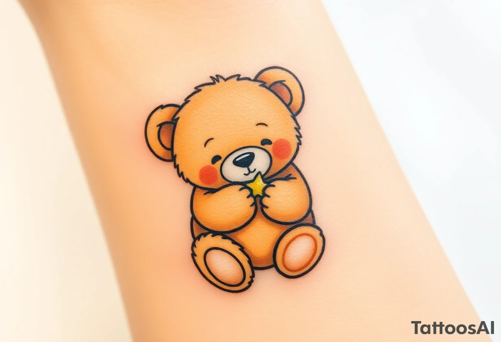 A teddy bear hugging a tiny star, in soft brown and glowing yellow, representing comfort and security. tattoo idea