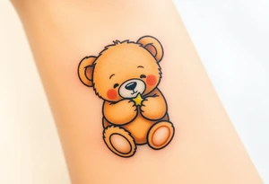 A teddy bear hugging a tiny star, in soft brown and glowing yellow, representing comfort and security. tattoo idea