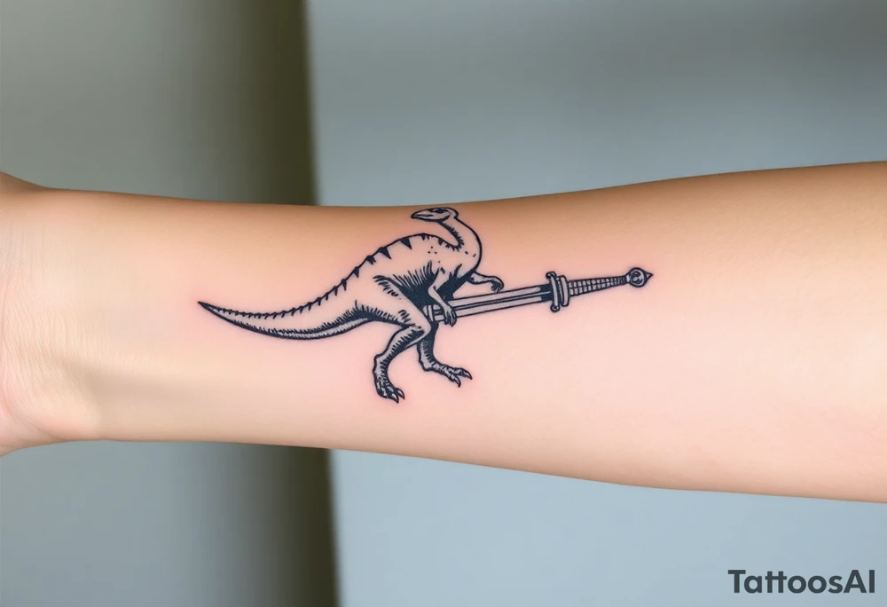 Tattoo on forearm with Brachiosaurus dinosaur on handle bar of a fingolfin sword. tattoo idea