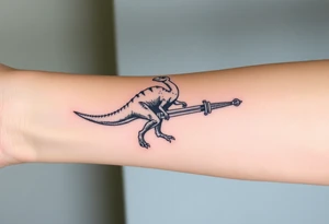 Tattoo on forearm with Brachiosaurus dinosaur on handle bar of a fingolfin sword. tattoo idea