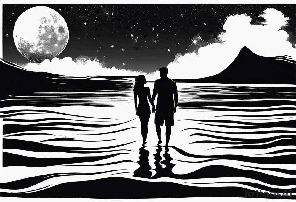 Silouhette of two people on beach water with moon tattoo idea