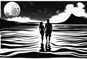 Silouhette of two people on beach water with moon tattoo idea