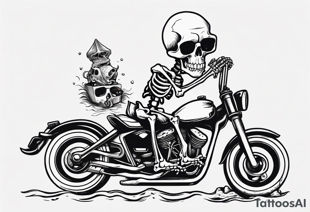 A skeleton riding a motorcycle on the beach drinking a beer tattoo idea
