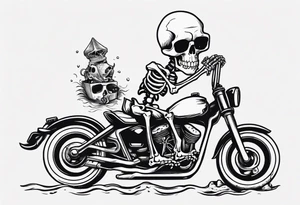 A skeleton riding a motorcycle on the beach drinking a beer tattoo idea