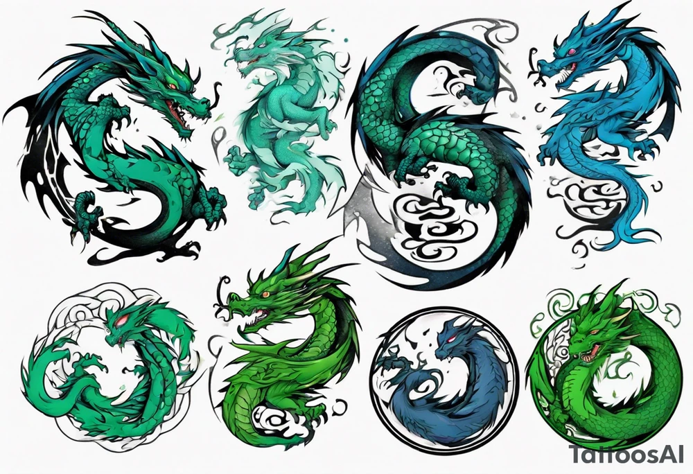 ying yang dragon half blue half green tattoo idea