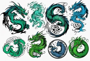 ying yang dragon half blue half green tattoo idea