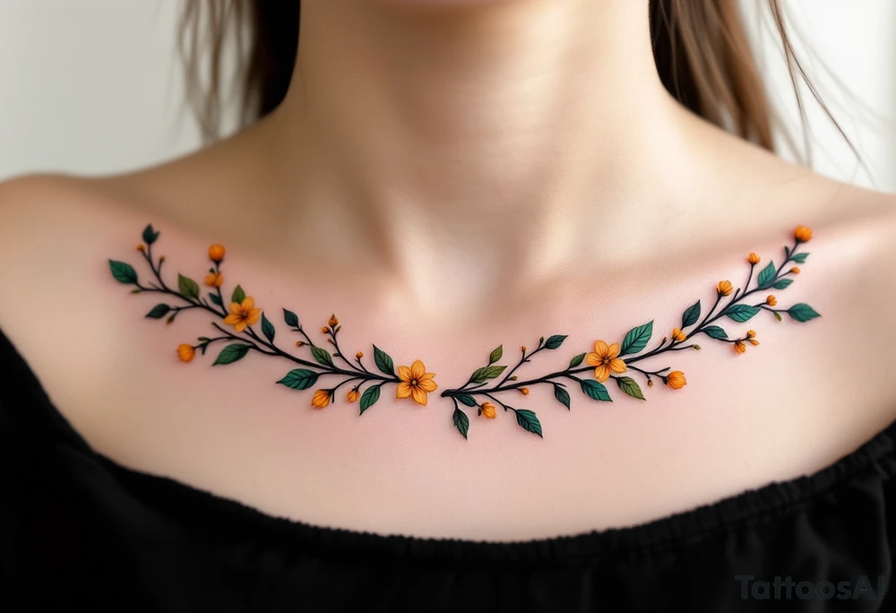 Two separate collarbone tattoos of long branches covered with orange, yellow and dark forest green leaves and flowers, academia, witchy, muted, delicate and gentle but moody, following the collarbone. More muted, not so bright, darker colors. Fewer amount of leaves, larger leaves. Less flowers and leaves. tattoo idea
