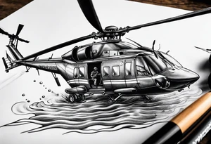 a helicopter dropping water out of a bucket suspended by the helicopter tattoo idea