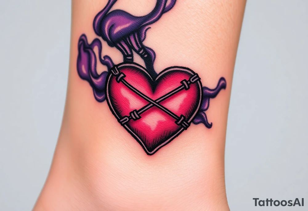 A stitched-up voodoo heart with black X-shaped stitches, surrounded by deep violet and gray smoke. tattoo idea