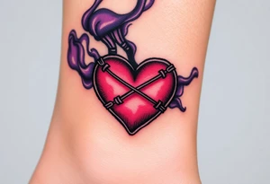 A stitched-up voodoo heart with black X-shaped stitches, surrounded by deep violet and gray smoke. tattoo idea