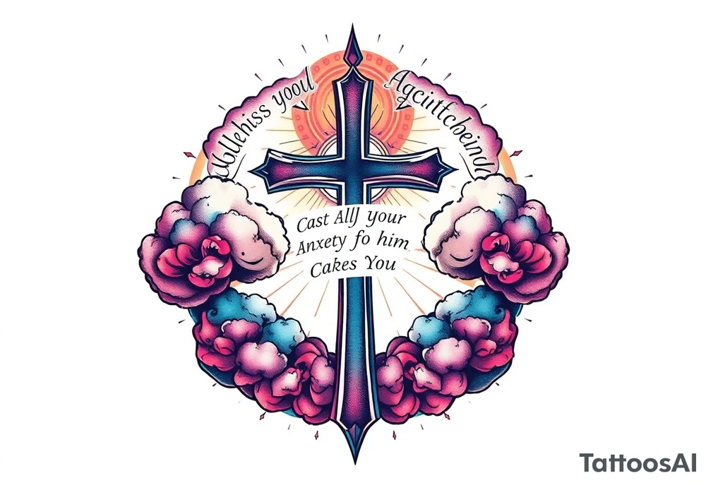 cast all your anxiety on him because he cares for you"  surrounded with clouds and cross tattoo idea
