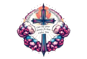 cast all your anxiety on him because he cares for you"  surrounded with clouds and cross tattoo idea