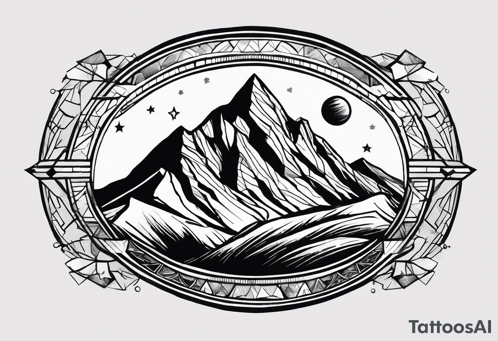 Mountain Massif, one Peak, only peak surrounded woth semi circle dashed Line, in semi circle two littel fine Stars, waves overlapping in Side, Open geometrical Forms Like Diamond with Open lines tattoo idea