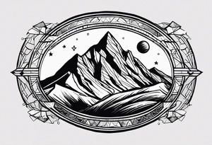 Mountain Massif, one Peak, only peak surrounded woth semi circle dashed Line, in semi circle two littel fine Stars, waves overlapping in Side, Open geometrical Forms Like Diamond with Open lines tattoo idea