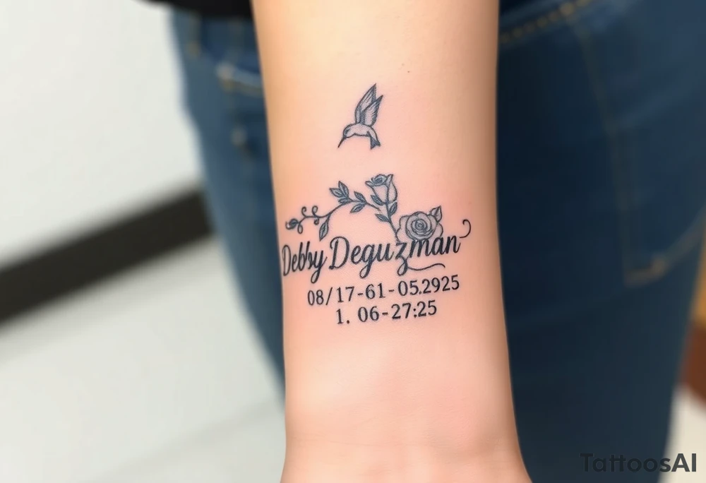 Tattoo of the exact name Debby Deguzman in chunky curly cursive with the exact dates of 08/17/61-05/29/25 surrounded by 1 hummingbird and 1 rose tattoo idea