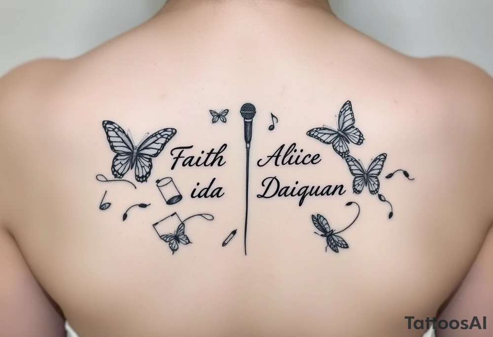 Names: Faith Alice Ida Daiquan surrounded with butterflies, musical notes, needle and thread, microphone and drumsticks tattoo idea