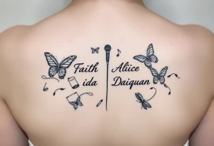 Names: Faith Alice Ida Daiquan surrounded with butterflies, musical notes, needle and thread, microphone and drumsticks tattoo idea