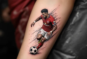 A realistic figure of a Slavia striker in full red-and-white kit dribbling a black and white ball across the forearm. tattoo idea