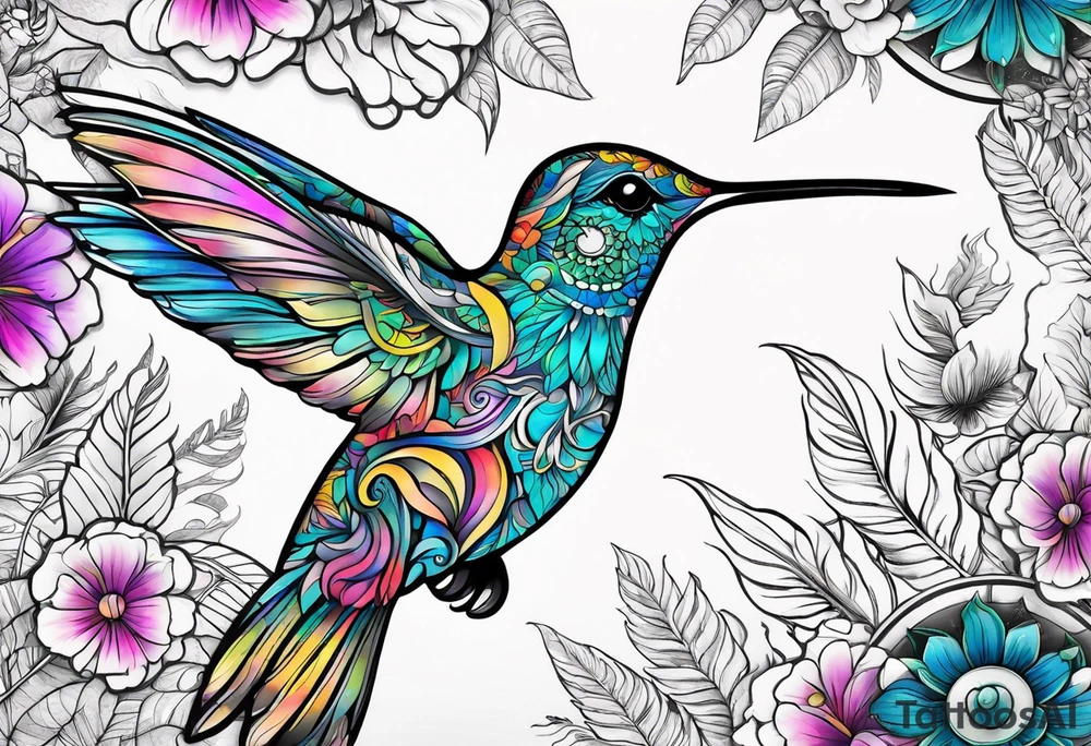 Hummingbird with mandala and flowers background, fern leaves tattoo idea