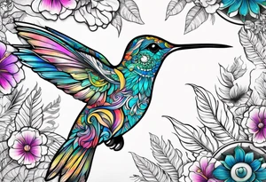 Hummingbird with mandala and flowers background, fern leaves tattoo idea