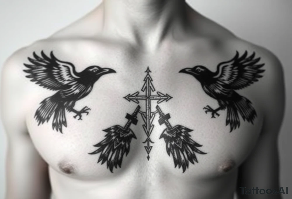 Chest tattoo, two ravens and icelandic symbols, dark brest tattoo tattoo idea