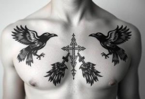 Chest tattoo, two ravens and icelandic symbols, dark brest tattoo tattoo idea