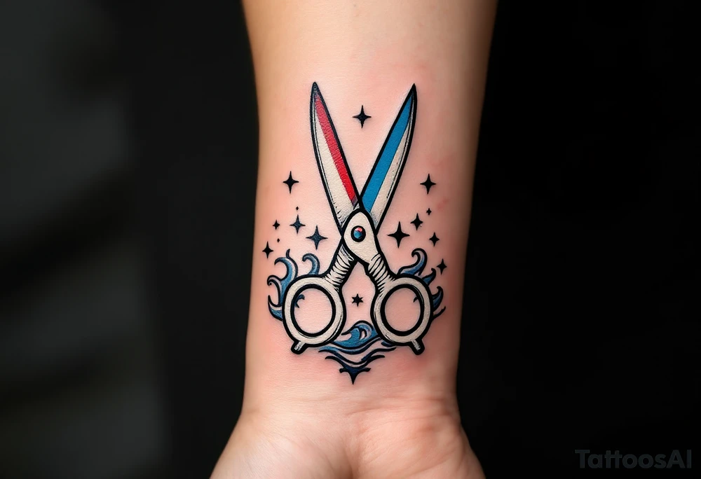 Sailor Scissors Tattoo – Scissors styled in a traditional sailor tattoo design with bold black lines and a touch of red or blue to make it pop, featuring waves and stars around them for a nautical theme. tattoo idea