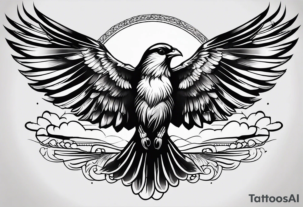 A Soaring bird with the text 1937-2023 underneath it in a simple style tattoo idea