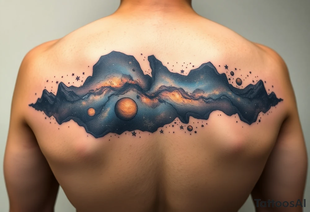 Beautiful and epic 3d milky way that appears to be what is beneath the skin. Make it drape over the shoulder and move to the middle back. use negative spaces to create planets and stars. tattoo idea