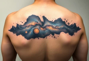 Beautiful and epic 3d milky way that appears to be what is beneath the skin. Make it drape over the shoulder and move to the middle back. use negative spaces to create planets and stars. tattoo idea