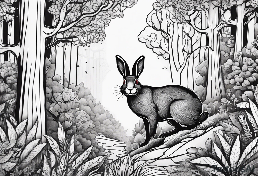 forest with a rabbit between the trees. Tattoo for a female forearm. tattoo idea