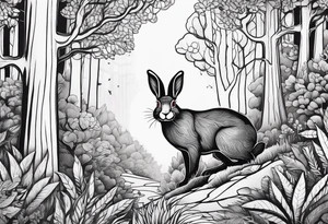 forest with a rabbit between the trees. Tattoo for a female forearm. tattoo idea