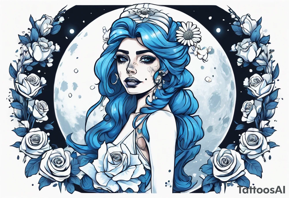 corps bride Emely. she is wearing a wedding dress. the vail on her head. she is holding a bouquet of blue roses in the middle of the bouquet  there is one white daisy. there is a Blue Morpho butterfly flying above the white daisy. A full moon on the background. tattoo idea