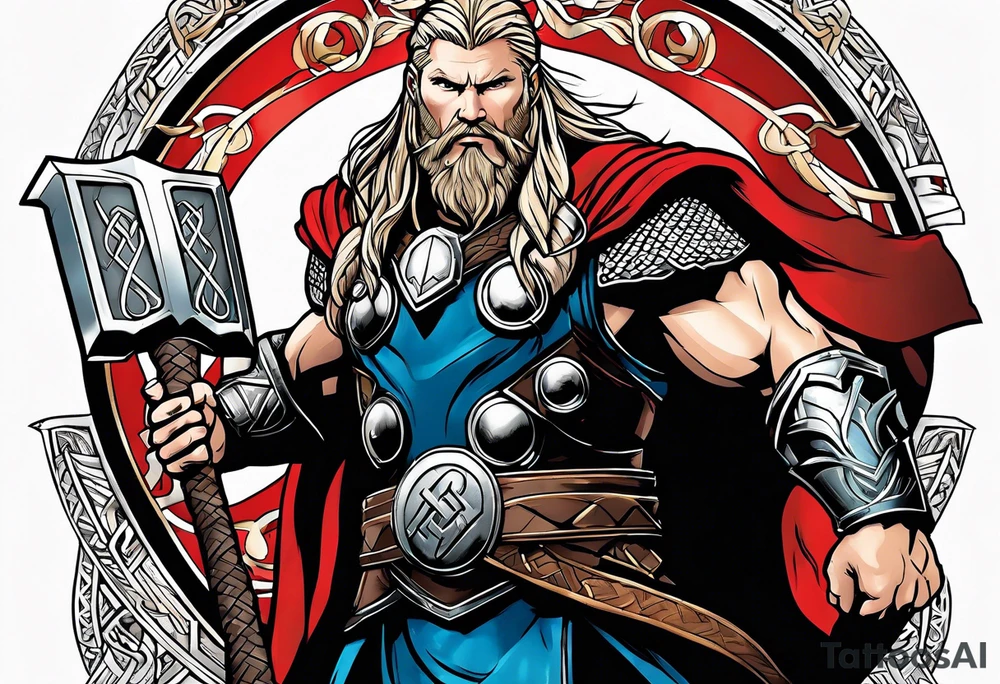 Thor with him holding mjolnir and a vignette of viking rune design tattoo idea