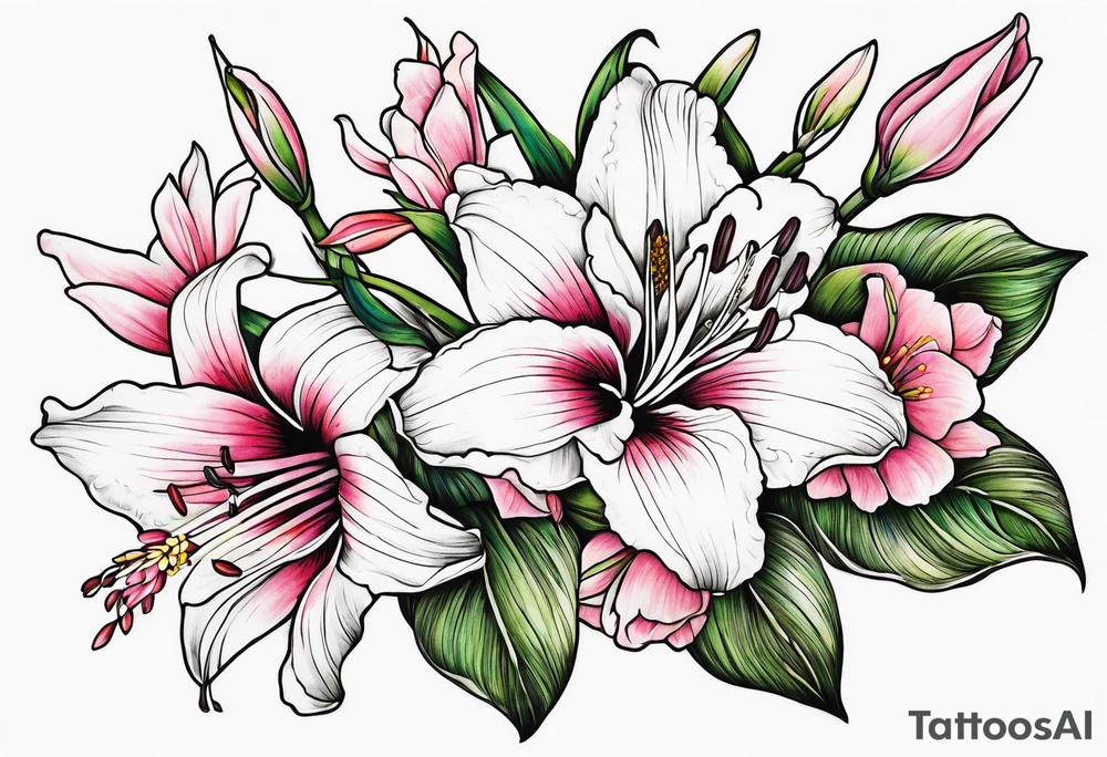 Lily, gladioli, cherry blossom, forget me nots tattoo idea