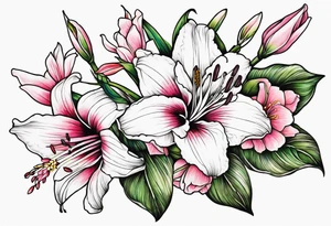 Lily, gladioli, cherry blossom, forget me nots tattoo idea