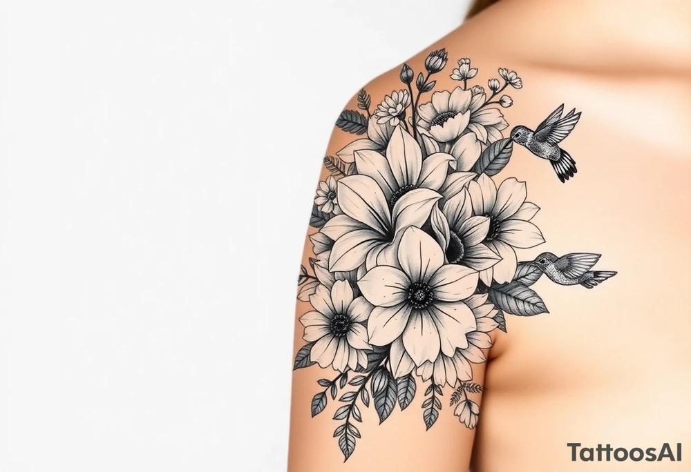 Can you create an image of a tattoo that will go on my upper arm including the following floral arrangement done very light handed and with soft lines- 1 large violet, 1 large carnation, 1 large lily of the valley, 1 large narcicuss, 1 medium carnation, 1 medium violet, 1 small dafodil, 2 small water lillies, and 1 small chrysanthemum. Add a small hummingbird drinking out of the large narcicuss. I want it on my upper right arm on the outside but slightly wrapping around the outer arm. I would like some greenery to fill in spaces as well. Make it large enough to fill my upper arm. I want the flowers to have dramatic and realistic shading. Make the tattoo more vertical than horizontal and put it on a female's arm with medium tan skin. tattoo idea