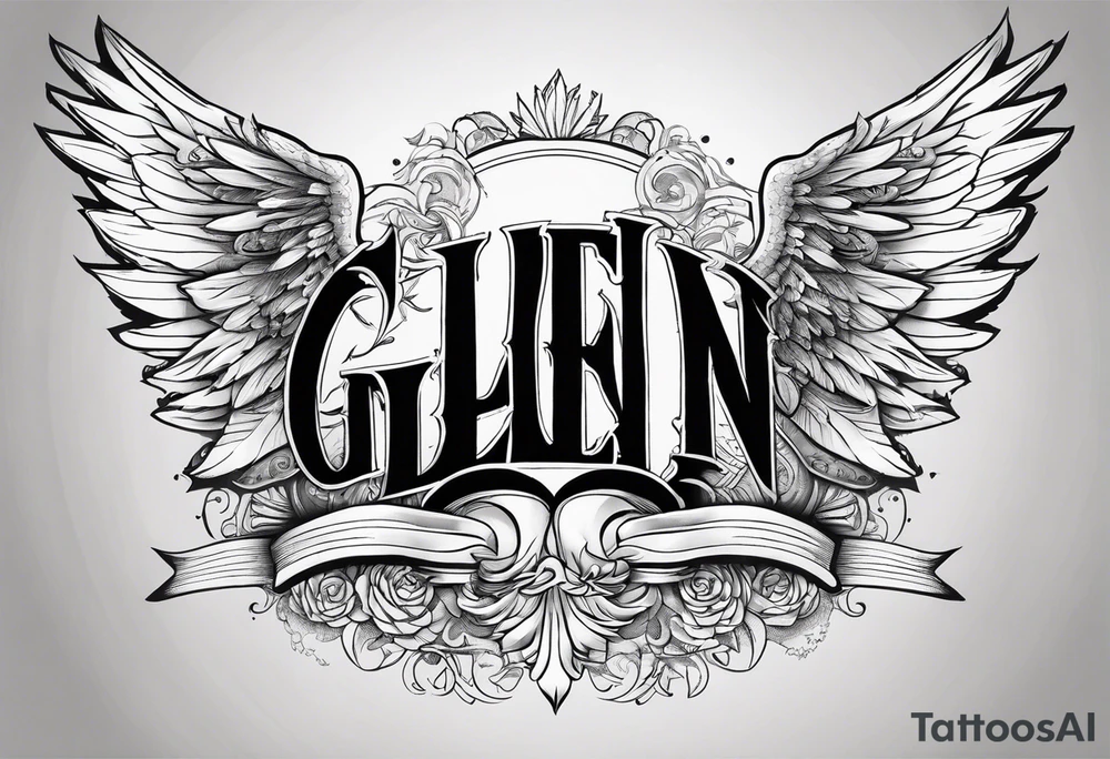 The word Glenn on a banner with angel Wings tattoo idea