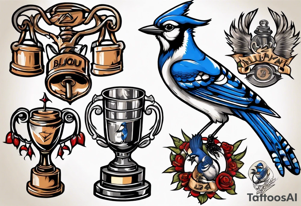 mean looking bluejay holding a trophy tattoo idea
