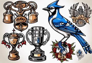 mean looking bluejay holding a trophy tattoo idea
