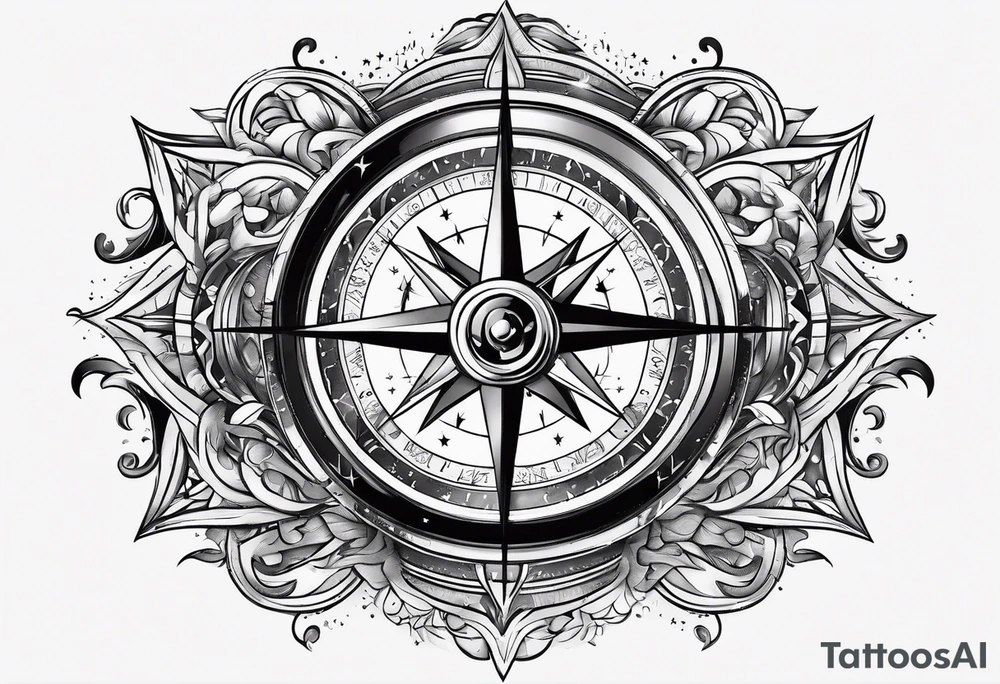 compass surrounded by stars and waves tattoo idea