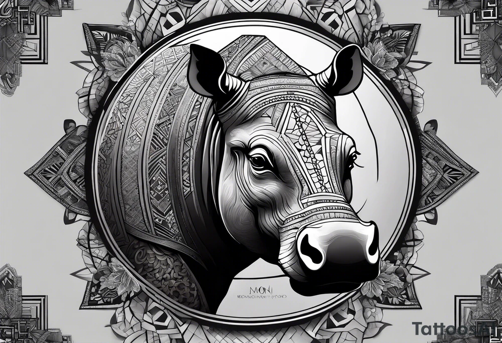 Very asymmetrical, +geometric pattern, with realistic full moon, with hippo,+tribal, +geometric, +inkart , +blackwork, +grey scale, + sketch
with wintersweet flower bud, +for men, detailed layering , modify from my favourites , dont look like a cow tattoo idea