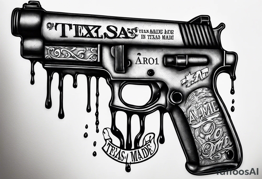 AR15 dripping syrup and the words Texas Made in bubble tag letters on top of the AR tattoo idea