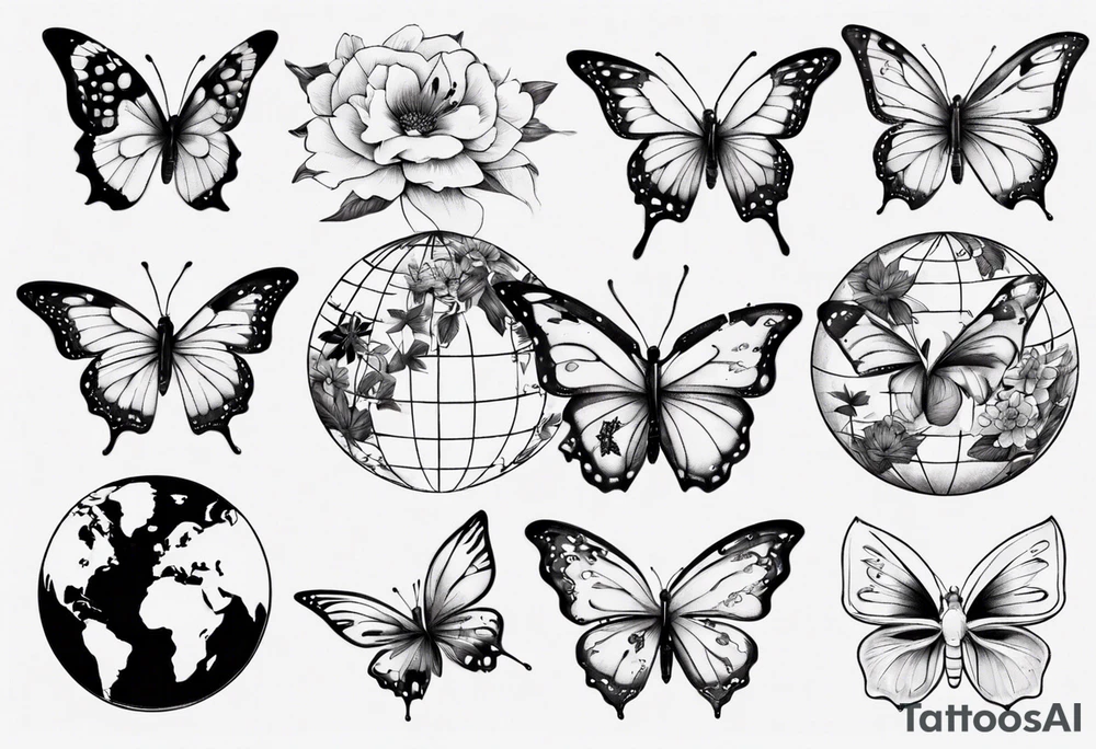 Butterflies and flowers in a globe tattoo idea