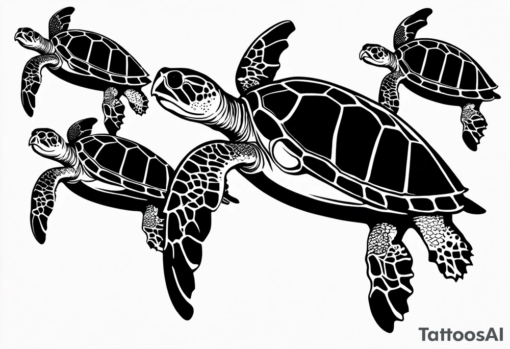 four sea turtles swimming in a row one holds tattoo idea